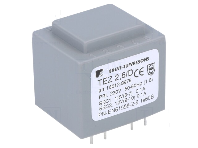 Transformator: ingegoten; 2,5VA; 230VAC; 12V; 12V; 104,1mA; 104,1mA Transformator: ingegoten; 2,5VA; 230VAC; 12V; 12V; 104,1mA; 104,1mA